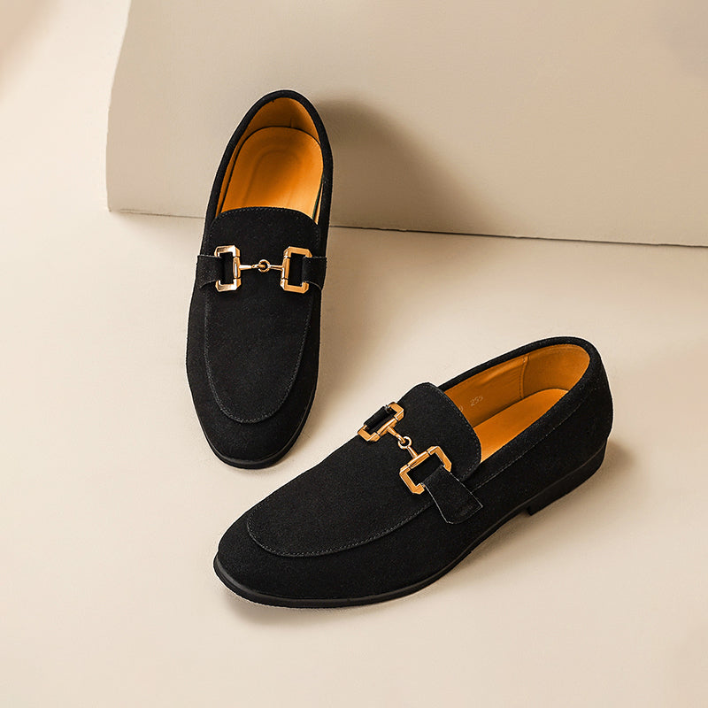 Elegante herreloafers i børstet stof med horsebit-detalje