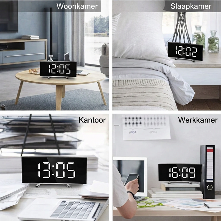 Digital väckarklocka | Välvd LED-spegeldisplay | Automatisk dimfunktion
