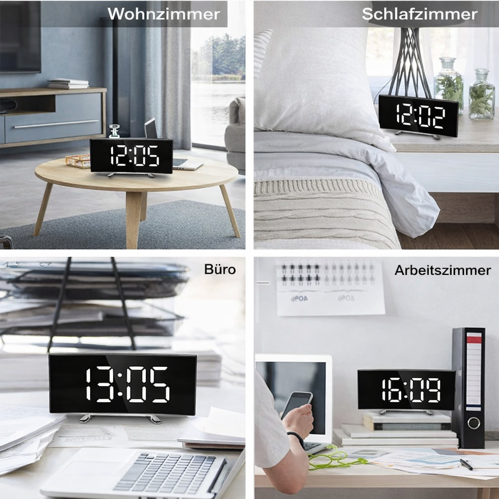 Digital klocka | LED-väckarklocka med spegel | Automatisk dimning utan bländning | CurveClock