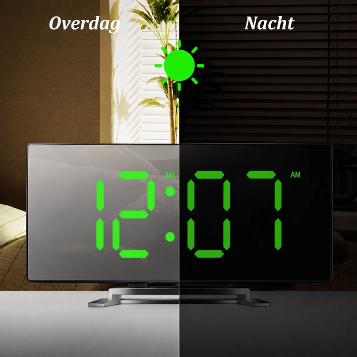Digital väckarklocka | Välvd LED-spegeldisplay | Automatisk dimfunktion