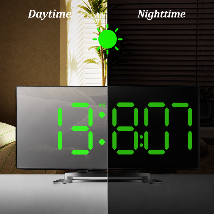 Digital klocka | LED-väckarklocka med spegel | Automatisk dimning utan bländning | CurveClock
