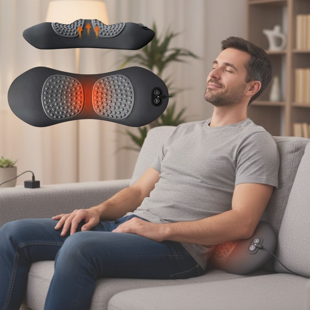 Ryggmassageapparat med värme och vibration, ländryggsstöd för ischiaslindring, ländryggssmärta och hållningskorrigering – 3-i-1 hemterapi