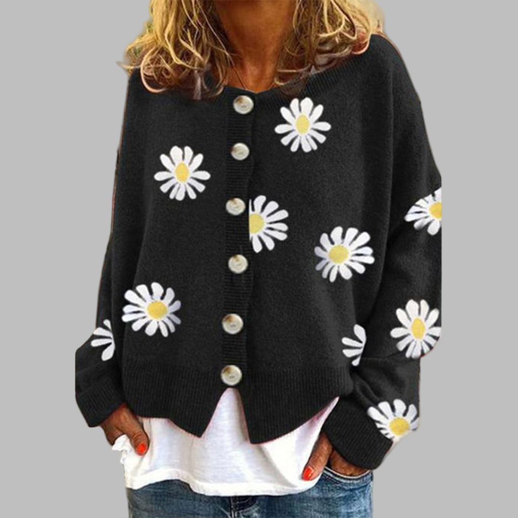 Blommig stickad tröja för kvinnor
