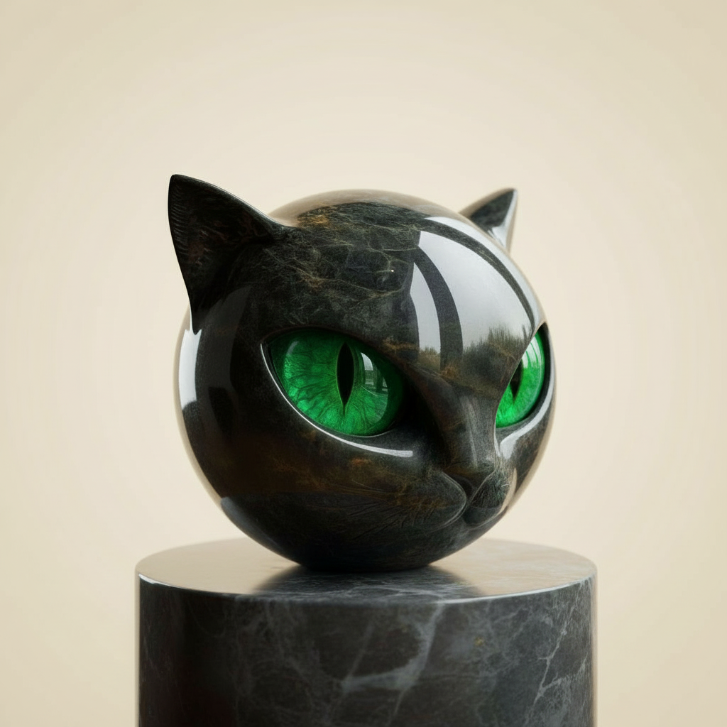 NoirCat-skulptur – svart katthuvud med hypnotiska ögon