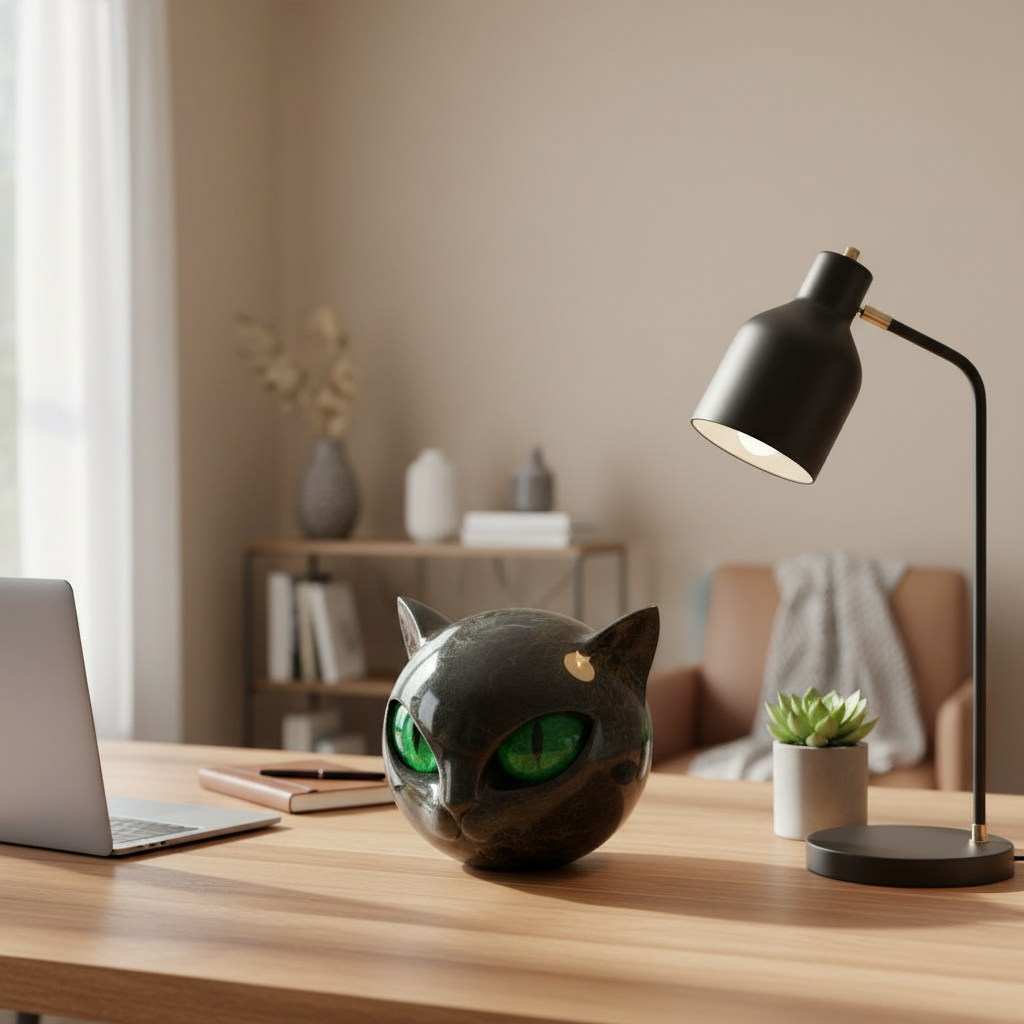 NoirCat-skulptur – svart katthuvud med hypnotiska ögon