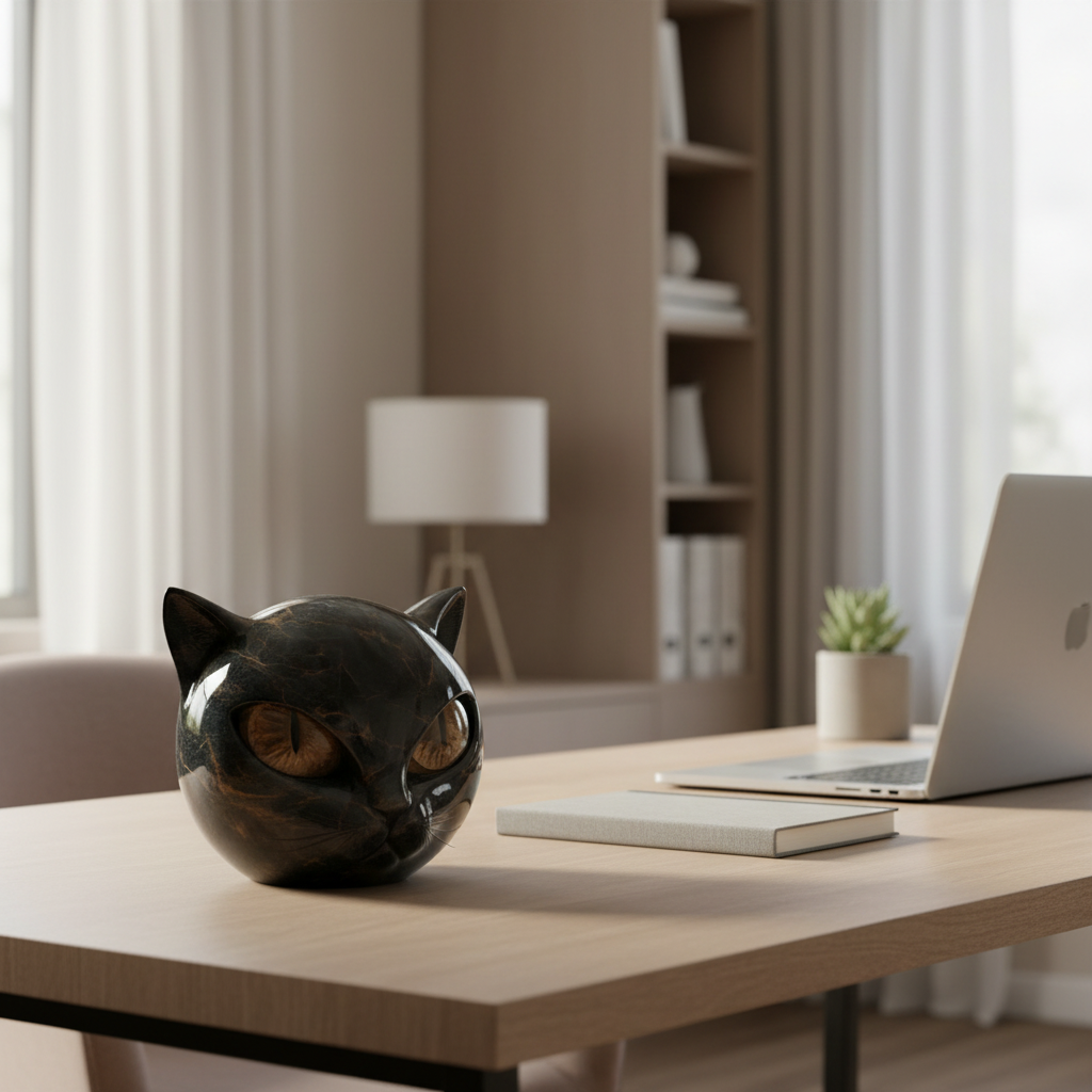 NoirCat-skulptur – svart katthuvud med hypnotiska ögon
