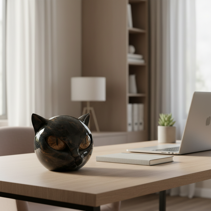 NoirCat-skulptur – svart katthuvud med hypnotiska ögon