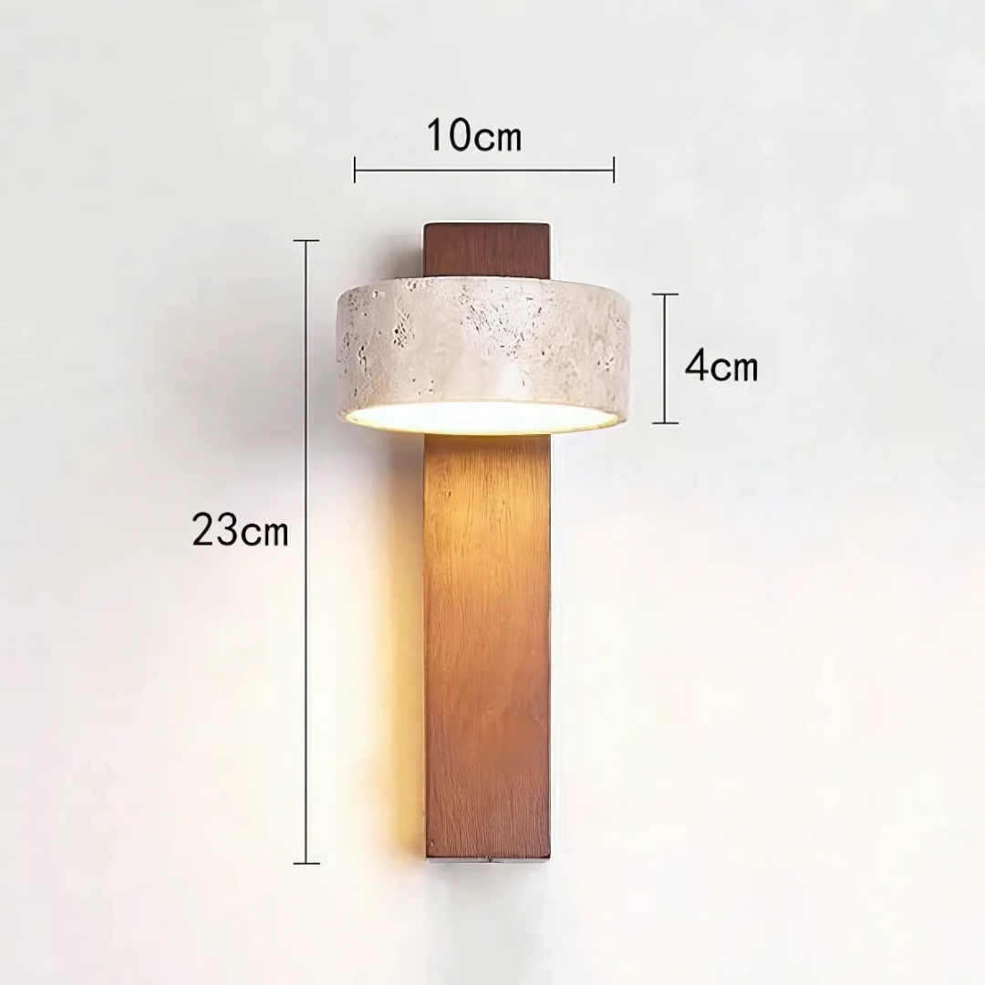 Wabi-sabi LED-vägglampa i travertin och trä med 1 ljuskälla