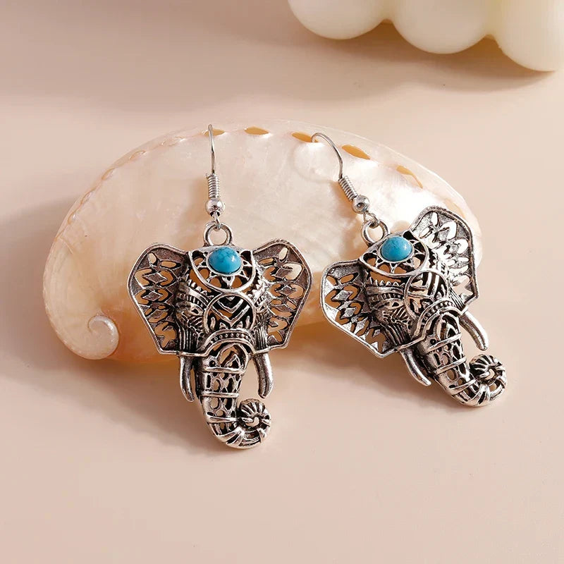 Vintage Elefant Hängande örhängen i silver Bohemian
