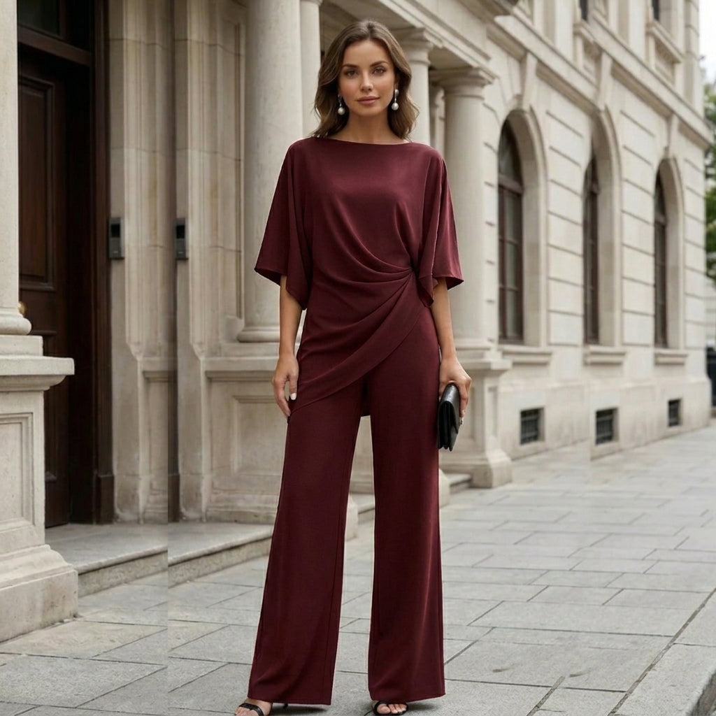 Draperad blus och byxor med vida ben – tvådelat set