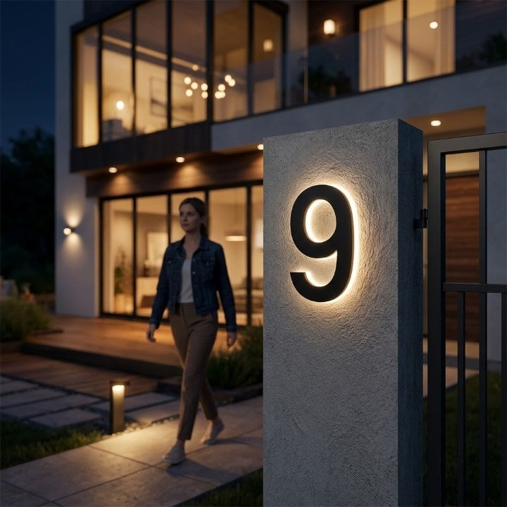 LED-husnummerskylt med bakgrundsbelysning – modern, upplyst entréskylt