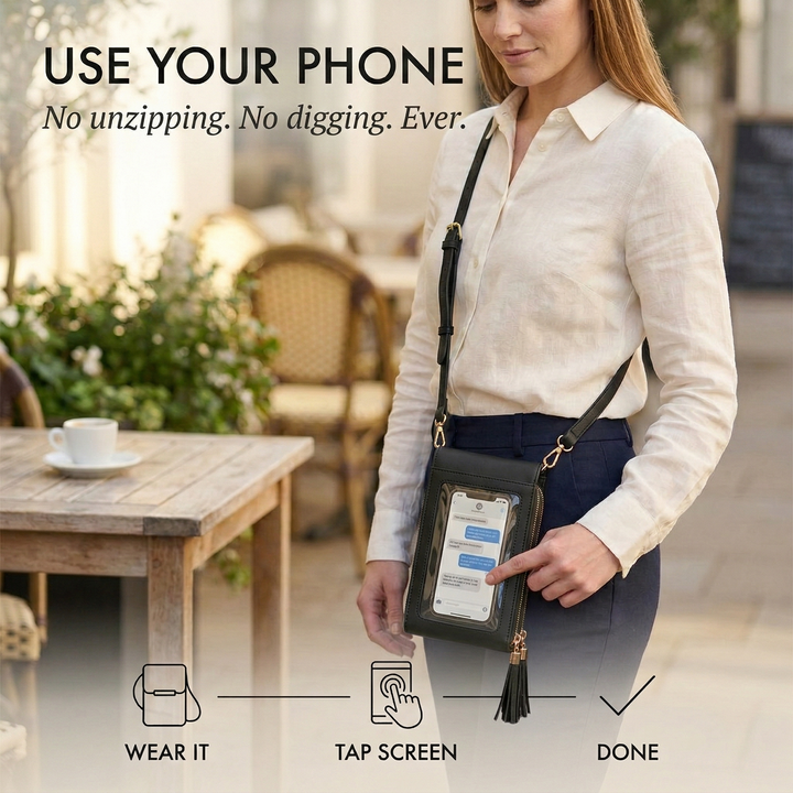 Crossbody-mobilplånbok dam med pekskärmsfönster