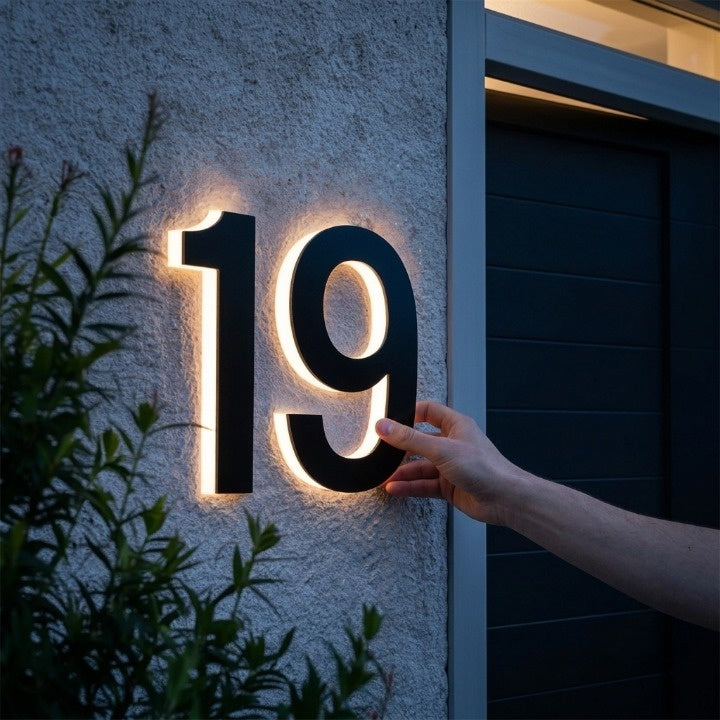 LED-husnummerskylt med bakgrundsbelysning – modern, upplyst entréskylt