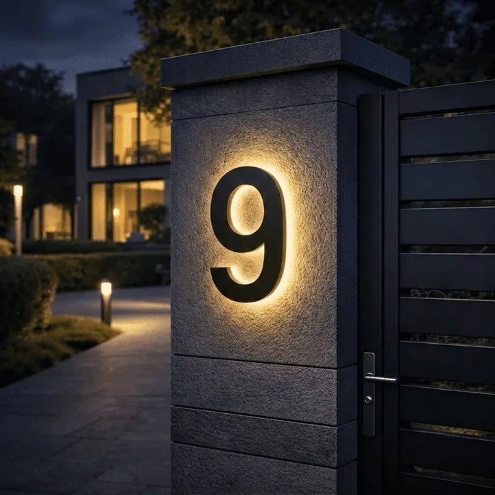 LED-husnummerskylt med bakgrundsbelysning – modern, upplyst entréskylt