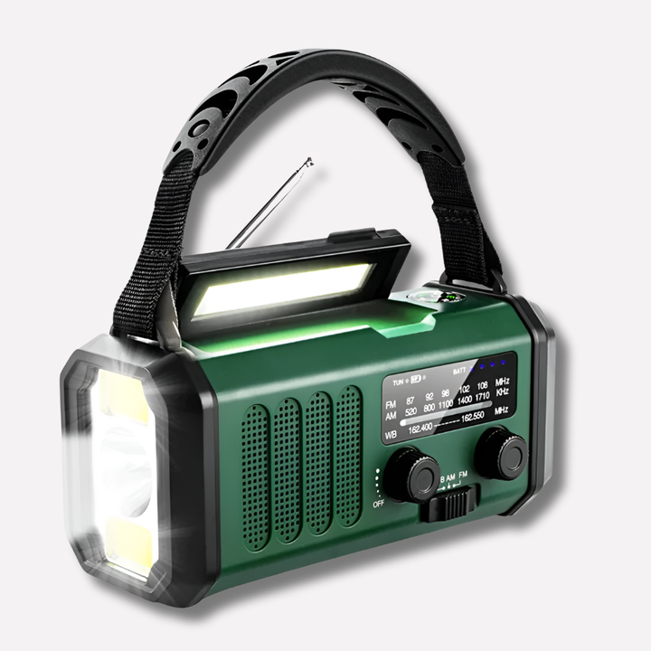Nødradio med håndsving, solpanel og powerbankfunktion