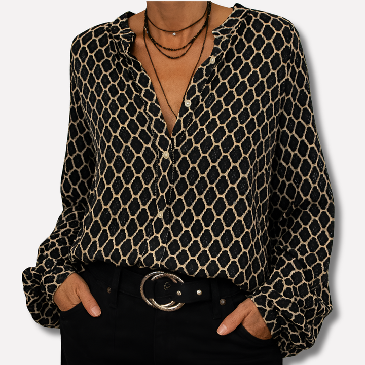 Mønstret elegant bluse med V-udskæring