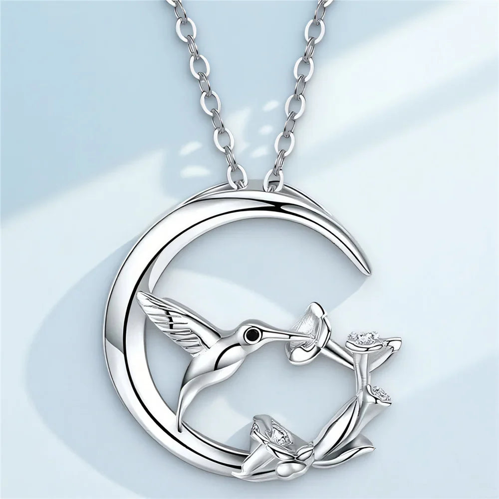 Måne Fågel Vintage Halsband med silverhänge