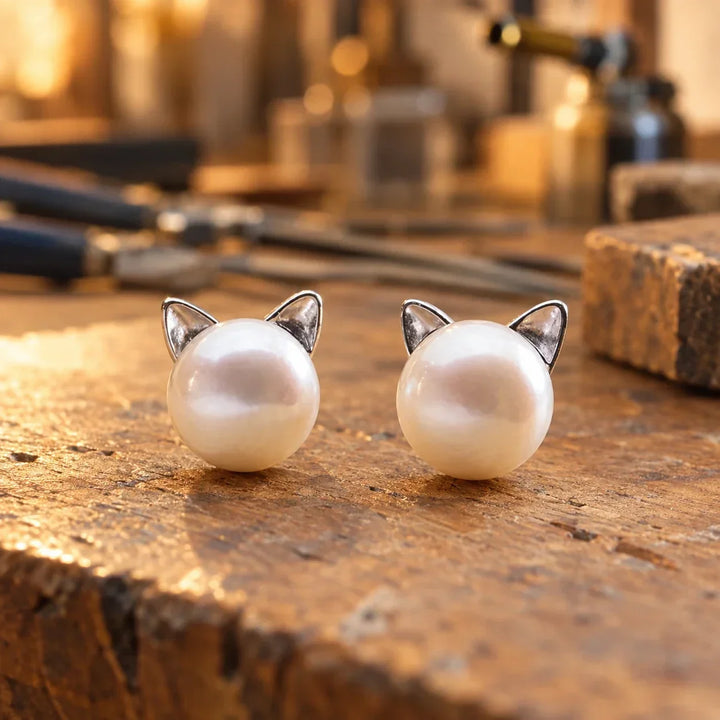 Örhängen med katt och pärla i sterlingsilver