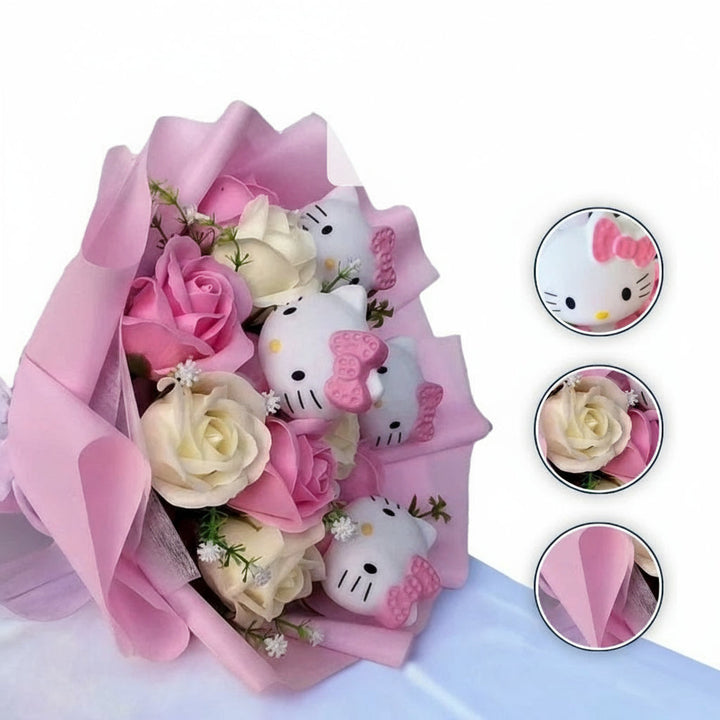 Bukett med färgglada konstgjorda blommor och Kitty-figurer för presenter och dekoration