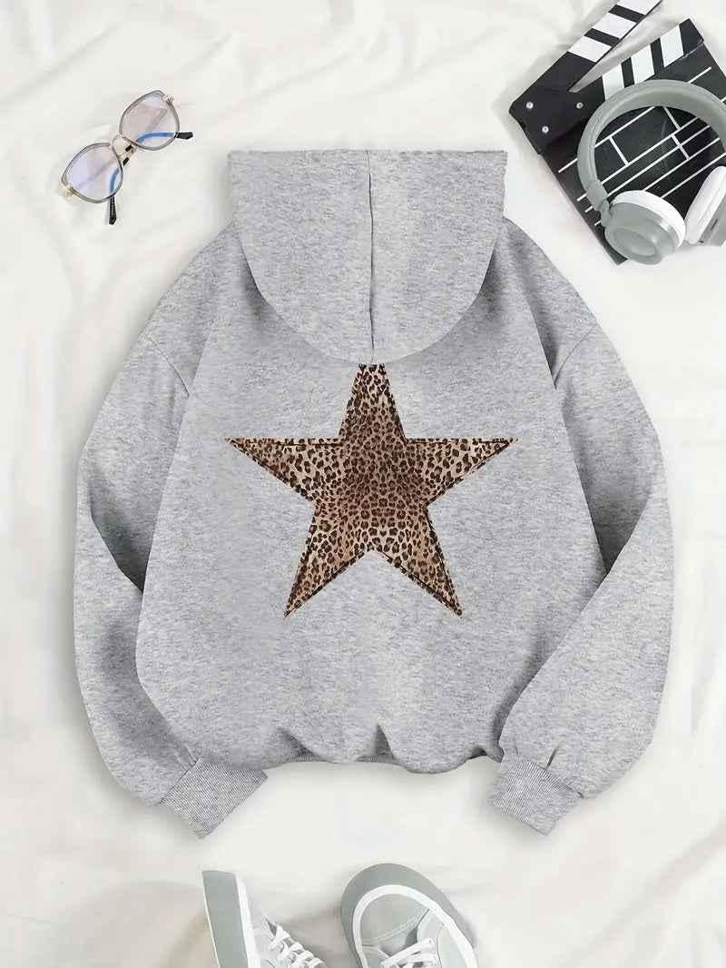 Hoodie dam med leopardstjärna på ryggen och prydlig finish