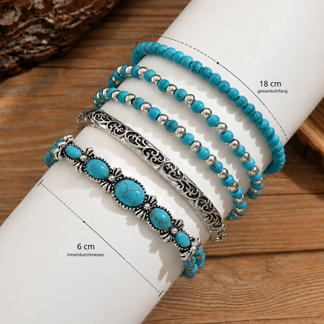 Boho-armbandsset – 5 delar, med turkosa pärlor
