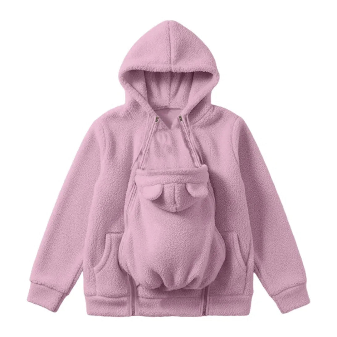 Mjuk fleecehoodie för bärande av bebis med framficka