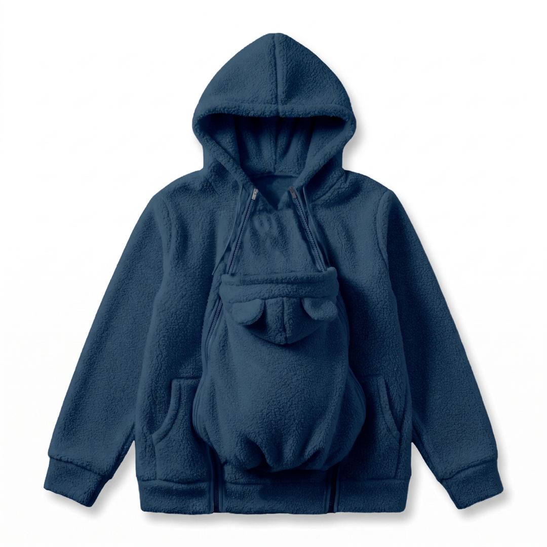 Mjuk fleecehoodie för bärande av bebis med framficka