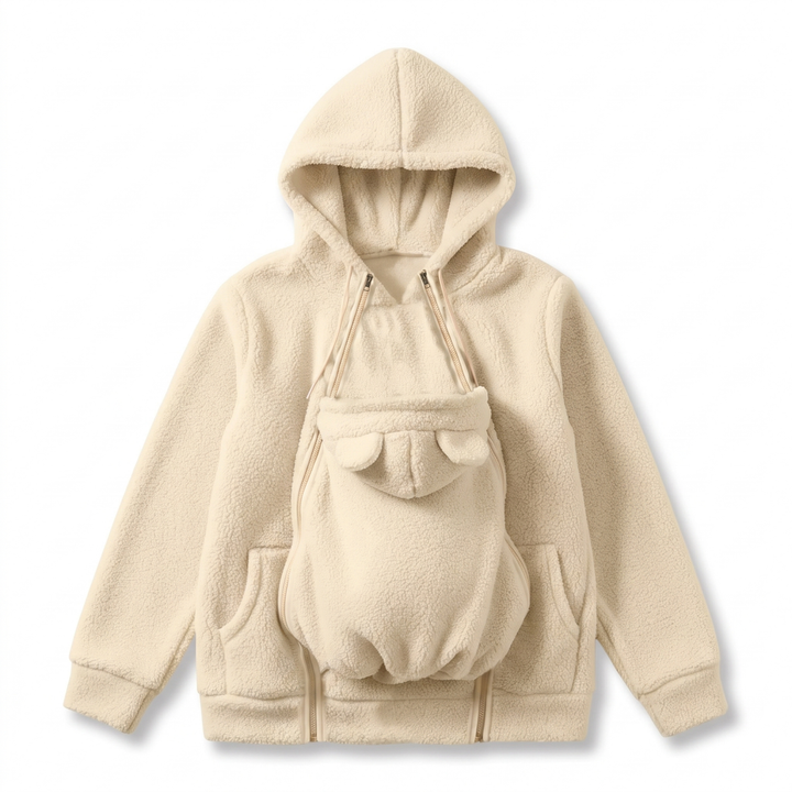 Mjuk fleecehoodie för bärande av bebis med framficka