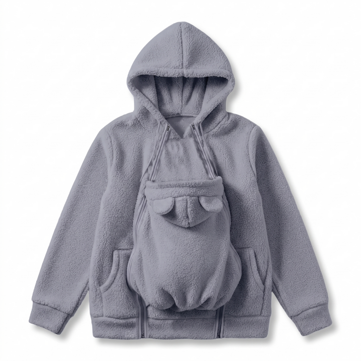 Mjuk fleecehoodie för bärande av bebis med framficka
