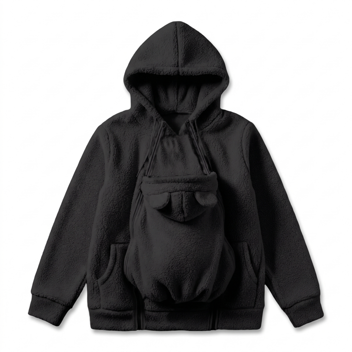Mjuk fleecehoodie för bärande av bebis med framficka