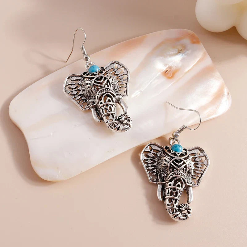 Vintage Elefant Hängande örhängen i silver Bohemian