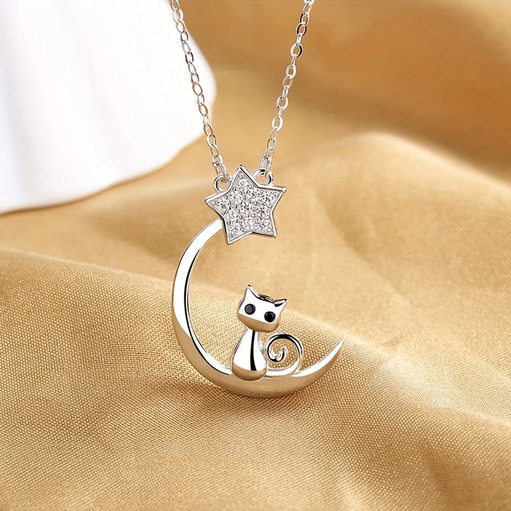 Katt Måne Stjärna Hänge i sterlingsilver