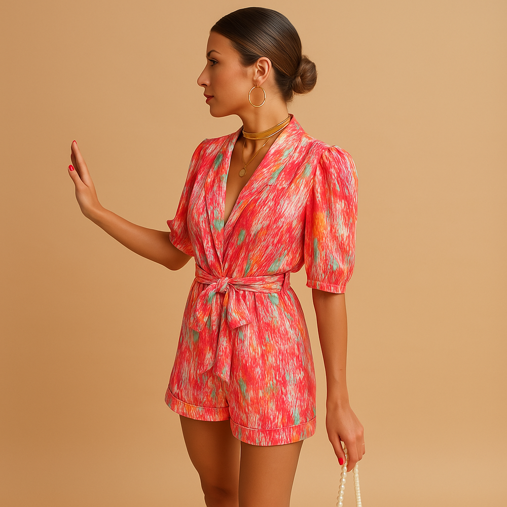 Dames zomerjumpsuit met levendige print, korte broek en taille-accentuerende riem, perfect voor warme dagen en casual gelegenheden.