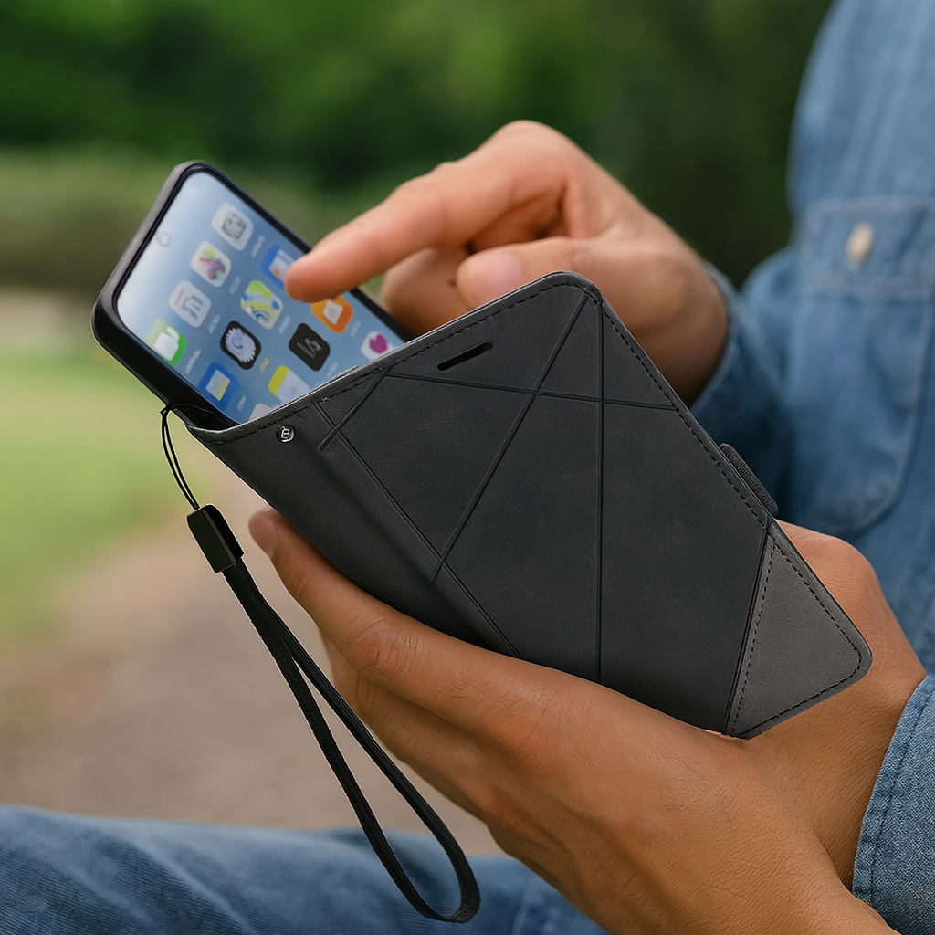 Vikbart läderfodral för smartphone