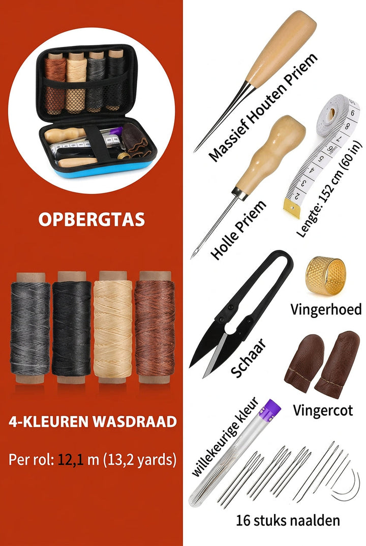 Sykit för läder med vaxad tråd och precisionsnålar.