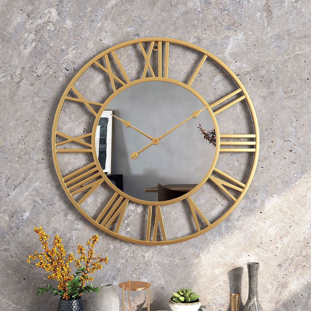 Stort vintage väggur i metall med spegel 39 cm