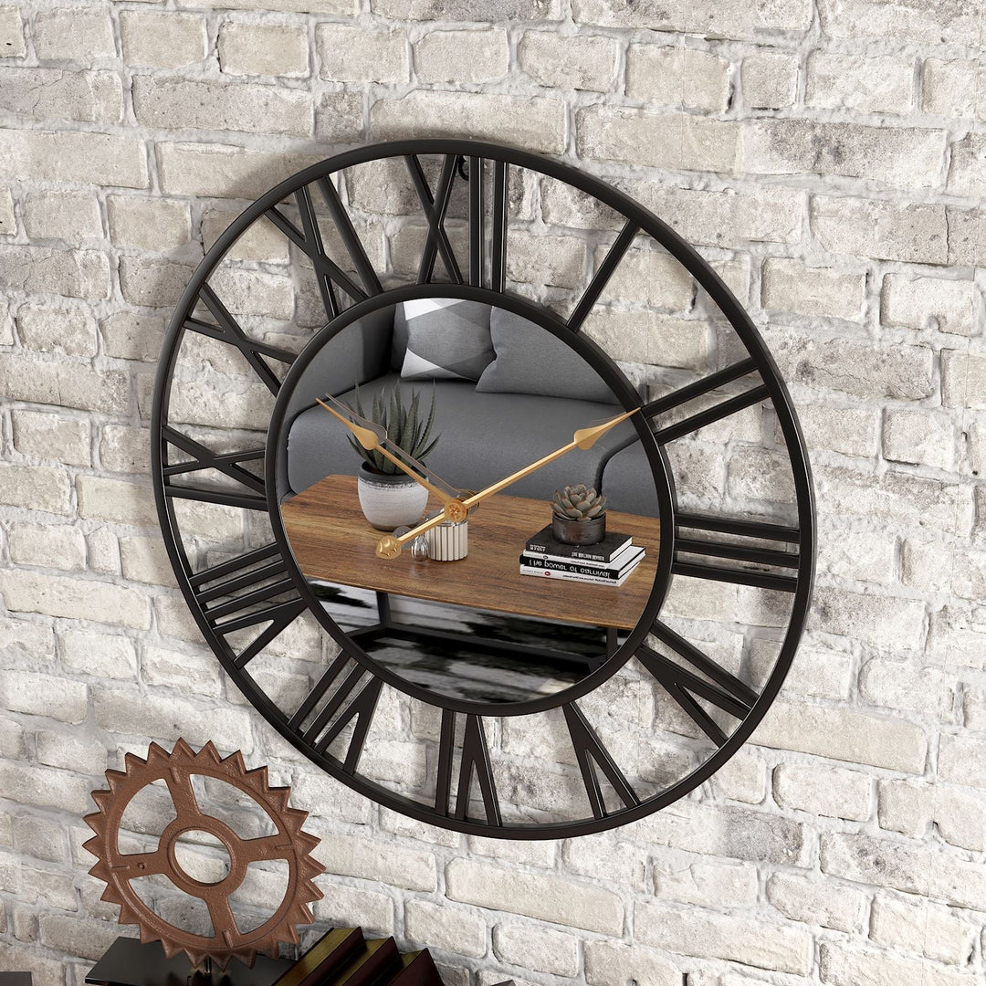 Stort vintage väggur i metall med spegel 39 cm