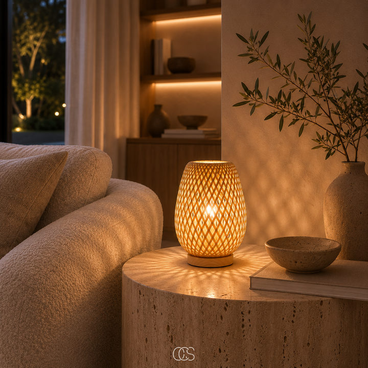Sladdlös bordslampa i bambu - Skandinavisk dimbar LED med 3 ljusfärger