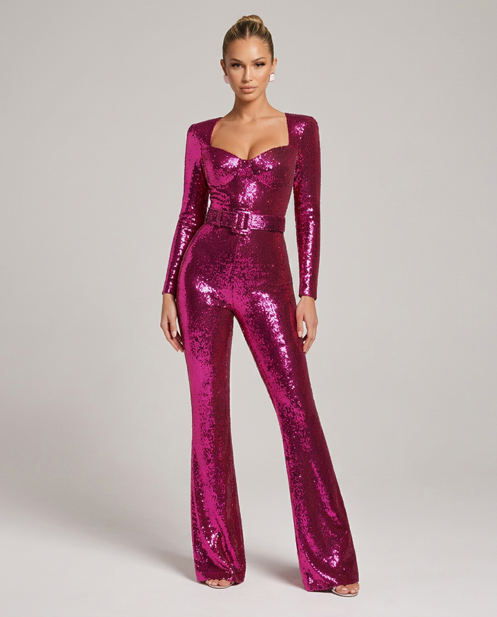 Jumpsuit för dam med paljetter, hjärtformad urringning, långa ärmar och markerad midja med skärp