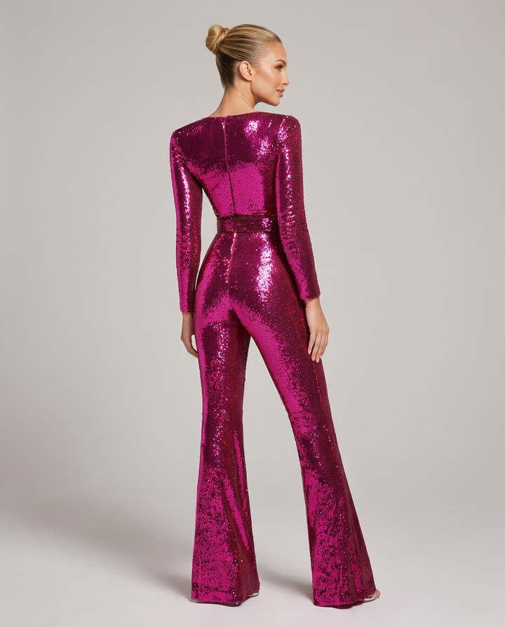 Jumpsuit för dam med paljetter, hjärtformad urringning, långa ärmar och markerad midja med skärp