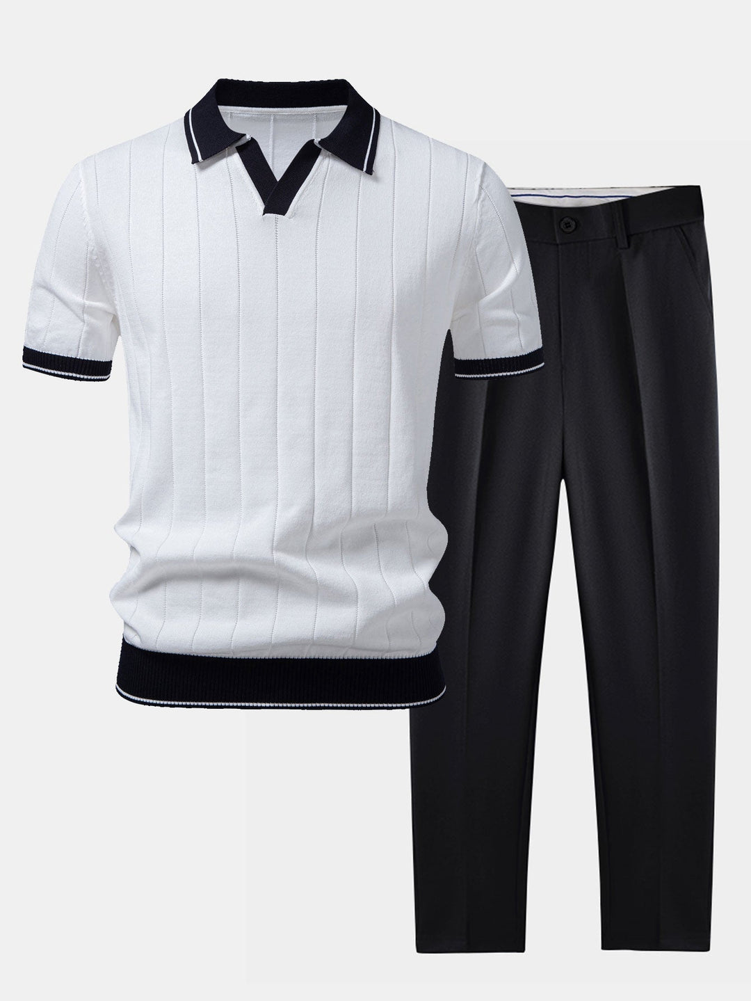 Ribbstickad pikétröja och avsmalnande byxor för herr – smart casual-set
