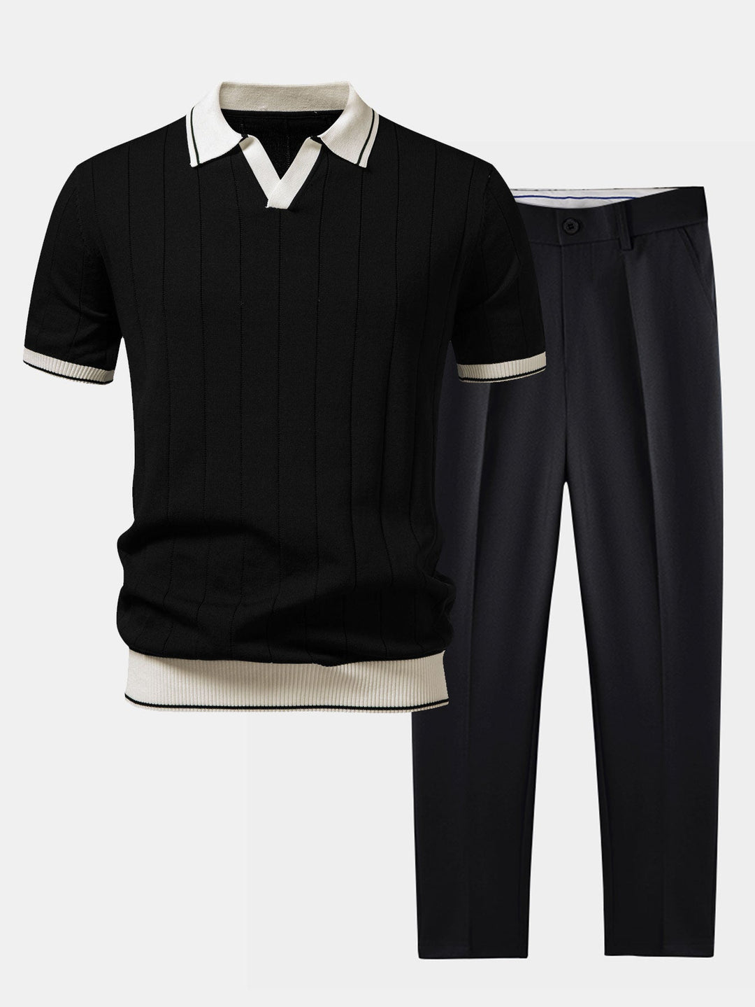 Ribbstickad pikétröja och avsmalnande byxor för herr – smart casual-set