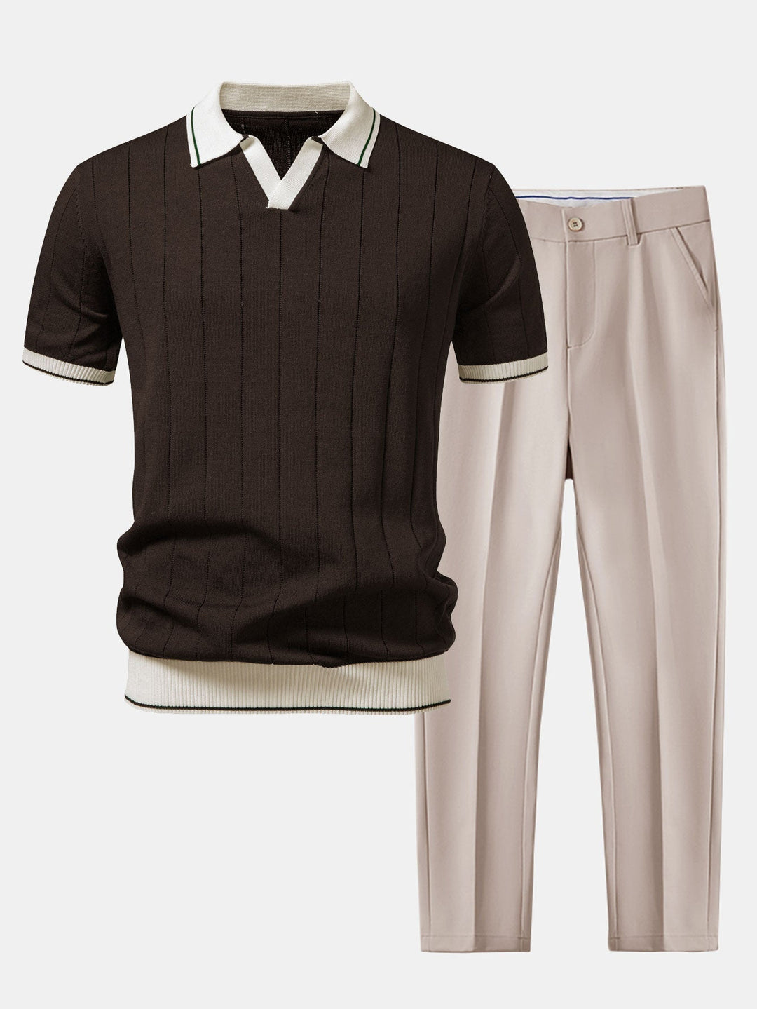 Ribbstickad pikétröja och avsmalnande byxor för herr – smart casual-set