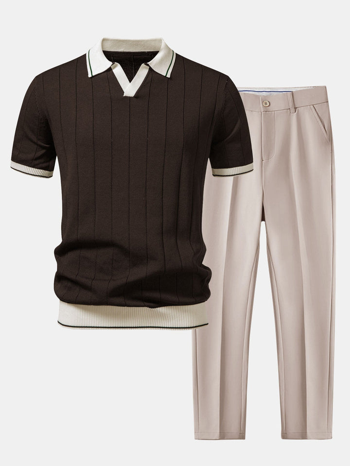 Ribbstickad pikétröja och avsmalnande byxor för herr – smart casual-set