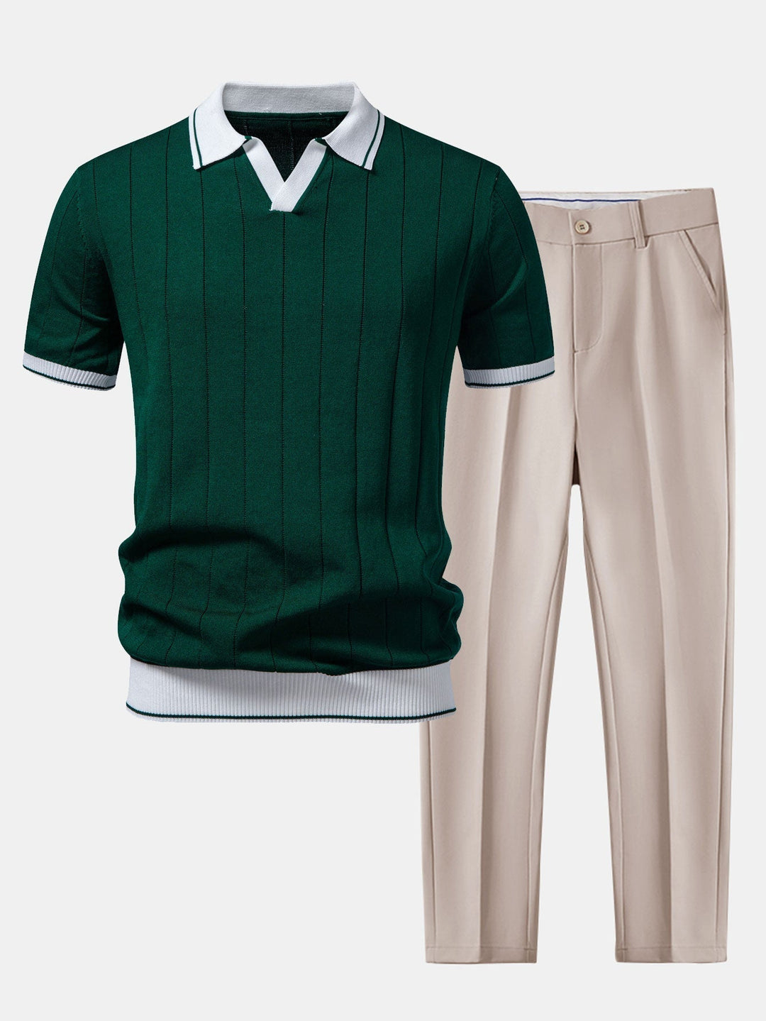 Ribbstickad pikétröja och avsmalnande byxor för herr – smart casual-set
