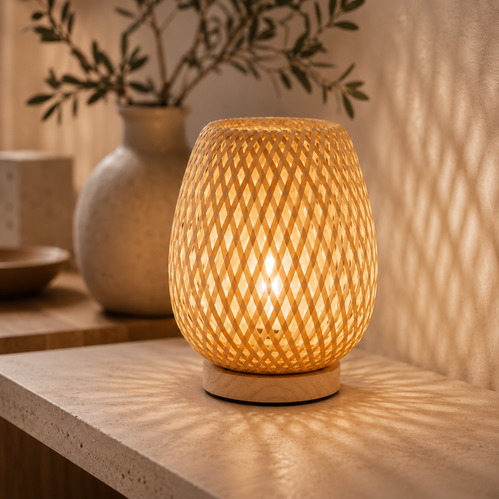Sladdlös bordslampa i bambu - Skandinavisk dimbar LED med 3 ljusfärger
