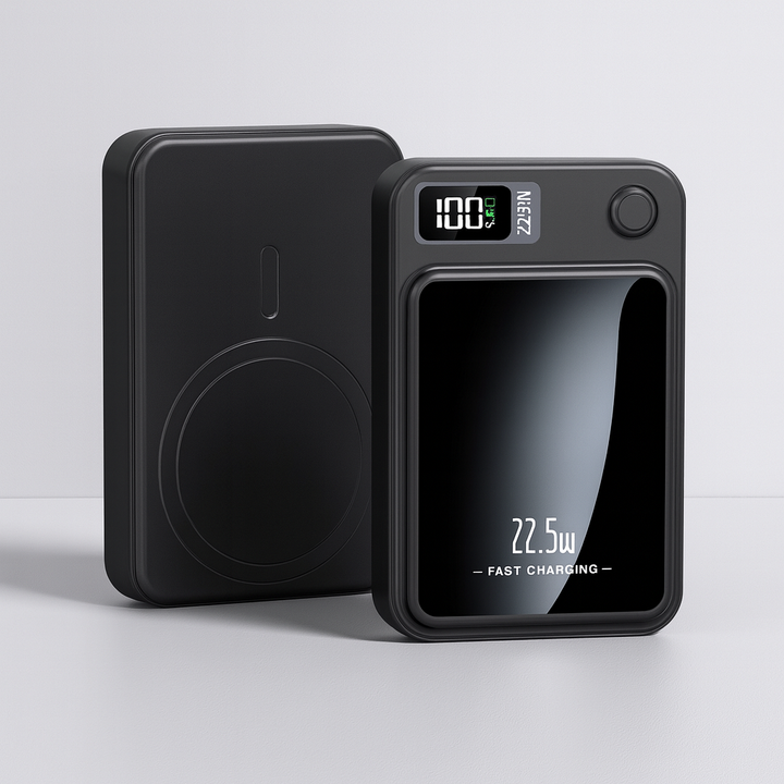 Bärbar powerbank på 20 000 mAh med 22,5 W snabbladdning och trådlös laddning.