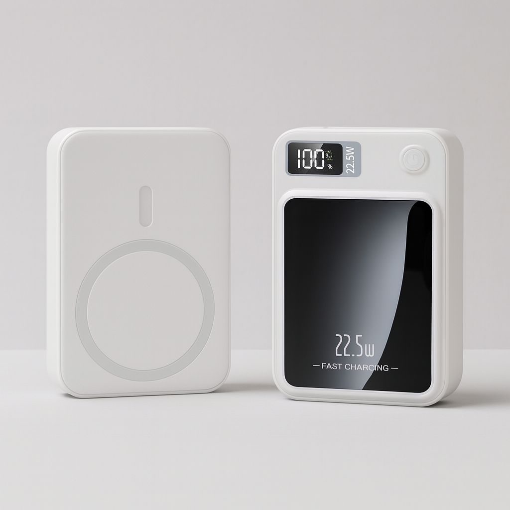 Bärbar powerbank på 20 000 mAh med 22,5 W snabbladdning och trådlös laddning.