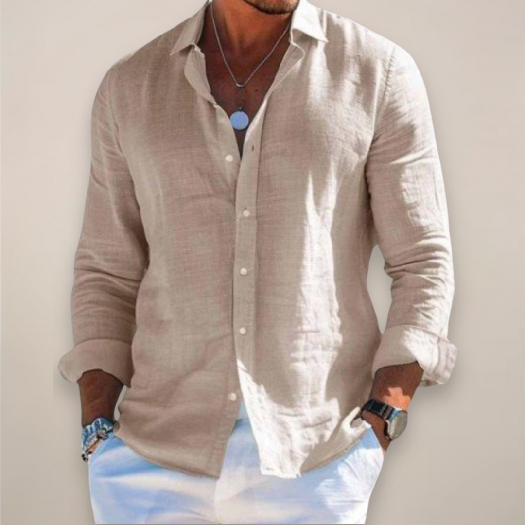 Lös herrskjorta i linne med knäppning och långa ärmar