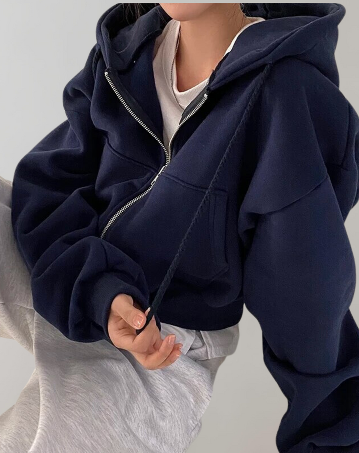 Hoodie för dam med dragkedja och huva med dragsko samt ribbade muddar